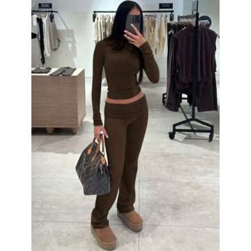 ZFLM Casual Workout Two Piece Outfits Long Sleeve High Waist Fold-over Flare Flared Leggings Pants Tracksuit Sets Streetwear