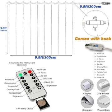 Honche 300Led Cuttable Curtain String Lights 10x10ft with Remote Window Lights for Bedroom Wedding P...