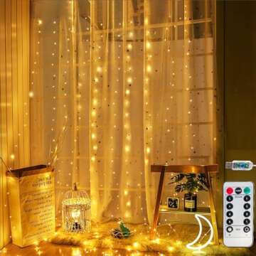 Honche 300Led Cuttable Curtain String Lights 10x10ft with Remote Window Lights for Bedroom Wedding Party Festive Season Propose Marriage (Warm White)