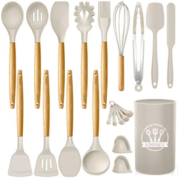 Kinfayv Silicone Cooking Utensils Kitchen Utensil Set, 21 PCS Wooden Handle Nontoxic BPA Free Silico...