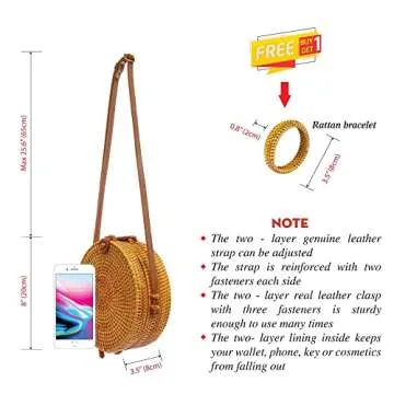Aviboo Handwoven Round Rattan Straw Crossbody Bags for Women 8” with Adjustable Two-Layer Genuine Leather Strap with Bonus - Rattan Bracelet