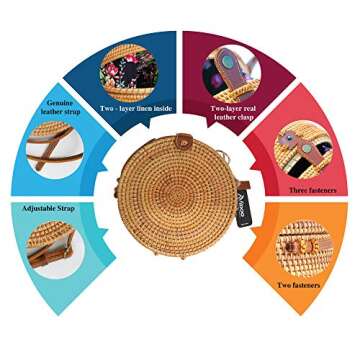 Aviboo Handwoven Round Rattan Straw Crossbody Bags for Women 8” with Adjustable Two-Layer Genuine Leather Strap with Bonus - Rattan Bracelet