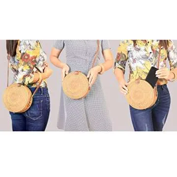Aviboo Handwoven Round Rattan Straw Crossbody Bags for Women 8” with Adjustable Two-Layer Genuine Leather Strap with Bonus - Rattan Bracelet