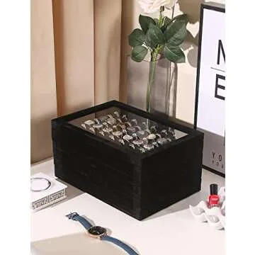 Justsoso 4Pcs Jewelry Trays Organizer with Lid, Stackable Display Storage Box for Rings Earrings Necklaces Bracelets, Jewellery Organizer Case for Selling Show Home Desk (Black Velvet)