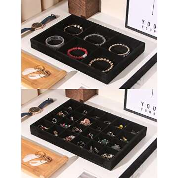 Justsoso 4Pcs Jewelry Trays Organizer with Lid, Stackable Display Storage Box for Rings Earrings Necklaces Bracelets, Jewellery Organizer Case for Selling Show Home Desk (Black Velvet)