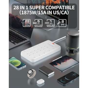 Surge Protector Power Strip, FDTEK 22 AC Multiple Outlets with 6 USB (1 USB-C), 6.5Ft Extension Cord...