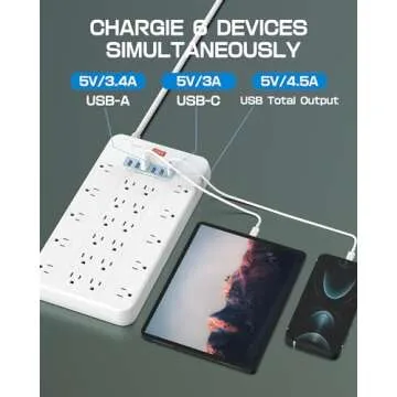 Surge Protector Power Strip, FDTEK 22 AC Multiple Outlets with 6 USB (1 USB-C), 6.5Ft Extension Cord Flat Plug Outlet Extender Heavy Duty Power Strip for Home Office Dorm Gaming (2100J, 15A/1875W)