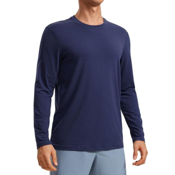 CRZ YOGA Men's Long Sleeve Basic Shirt - Moisture Wicking Casual Tee in Night Sea Blue