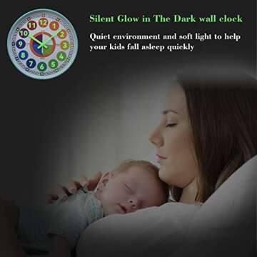 Learning Clock for kids, Glow in The Dark Wall Clock for Bedroom, 12 Inch Silent Night Light Kids Wall Clock, Colorful Illuminated Telling Time Teaching Clock,Kids Room Decor (Illuminated Ice Blue)