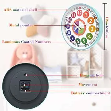 Learning Clock for kids, Glow in The Dark Wall Clock for Bedroom, 12 Inch Silent Night Light Kids Wall Clock, Colorful Illuminated Telling Time Teaching Clock,Kids Room Decor (Illuminated Ice Blue)