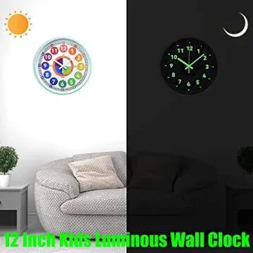 Learning Clock for kids, Glow in The Dark Wall Clock for Bedroom, 12 Inch Silent Night Light Kids Wall Clock, Colorful Illuminated Telling Time Teaching Clock,Kids Room Decor (Illuminated Ice Blue)
