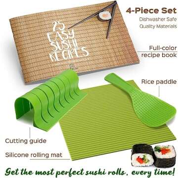 Roll Model Sushi Sushi Making Kit - Silicone Mat, Rice Paddle, Cutting Mold, Recipe Book (7x7 Inch, ...