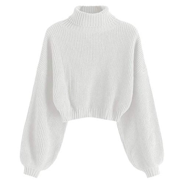 ZAFUL Women's Pullover Sweater Drop Shoulder Plain Knitted Cropped Sweater Pullover High Neckline Solid Long Sleeve Cropped Top(Large,Turtlecollar-White)