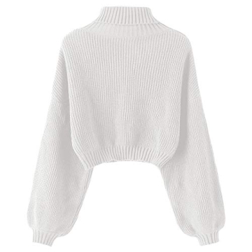 ZAFUL Women's Pullover Sweater Drop Shoulder Plain Knitted Cropped Sweater Pullover High Neckline Solid Long Sleeve Cropped Top(Large,Turtlecollar-White)