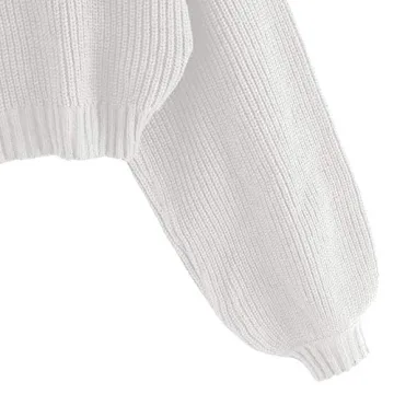 ZAFUL Women's Pullover Sweater Drop Shoulder Plain Knitted Cropped Sweater Pullover High Neckline Solid Long Sleeve Cropped Top(Large,Turtlecollar-White)