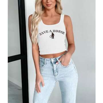 Country Concert Crop Tank Tops for Women Western Cowgirl Outfits Cami Cowboy Graphic Crop Top White