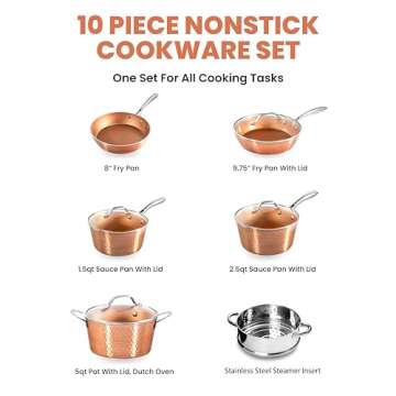 Gotham Steel Hammered Copper 10 Pc Pots and Pans Set Non Stick Cookware Set, Non Toxic Ceramic Cookw...