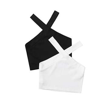 SheIn Women's 2 Packs Crisscross Sleeveless Crop Halter Top Rib Knit Solid Tanks Black and White Small