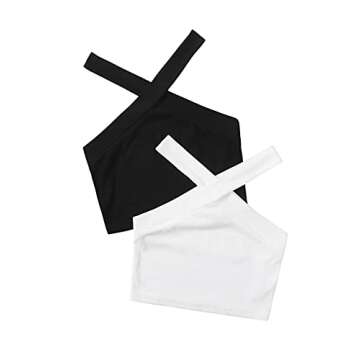 SheIn Women's 2 Packs Crisscross Sleeveless Crop Halter Top Rib Knit Solid Tanks Black and White Small