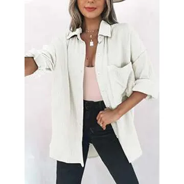 Dokotoo Women's Casual Spring Roll Up Long Sleeve V Neck Collared Lightweight Shirts Solid Color But...