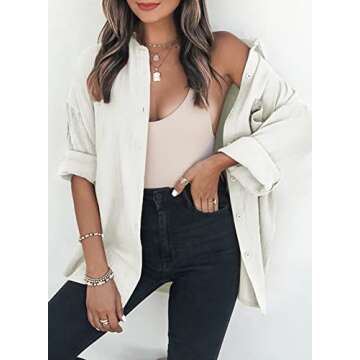 Dokotoo Women's Casual Spring Roll Up Long Sleeve V Neck Collared Lightweight Shirts Solid Color Button Up Pockets Daily Boyfriend Summer Outwear Tops Blouses White M