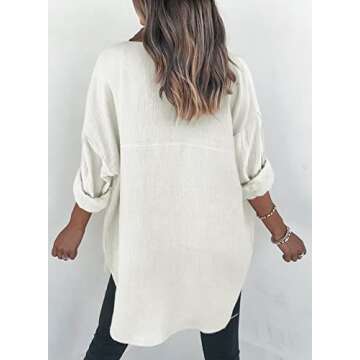 Dokotoo Women's Casual Spring Roll Up Long Sleeve V Neck Collared Lightweight Shirts Solid Color Button Up Pockets Daily Boyfriend Summer Outwear Tops Blouses White M