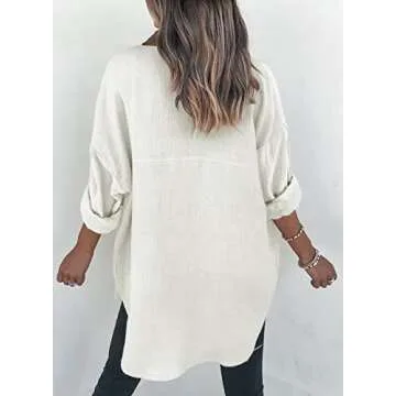 Dokotoo Women's Casual Spring Roll Up Long Sleeve V Neck Collared Lightweight Shirts Solid Color Button Up Pockets Daily Boyfriend Summer Outwear Tops Blouses White M