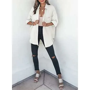 Dokotoo Women's Casual Spring Roll Up Long Sleeve V Neck Collared Lightweight Shirts Solid Color Button Up Pockets Daily Boyfriend Summer Outwear Tops Blouses White M