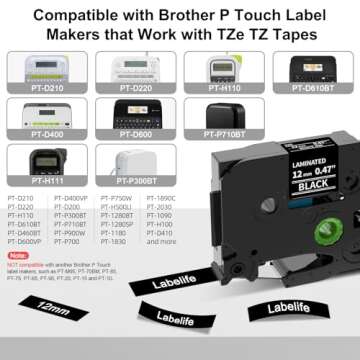 Labelife Black Label Tape TZe-335 Replacement for Brother P Touch Label Maker Tape White on Black TZe TZ Tape 12mm 0.47 Laminated Black Label Tape TZe335 for Brother PT-D220 PT-D210 PT-H110, 5-Pack