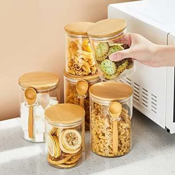ERISED 6-Pack Glass Containers with Bamboo Lids, Glass Jars，Glass Canisters, Kitchen Canisters for Candy,Cookie,Rice,Sugar,Flour,Pasta,Nuts
