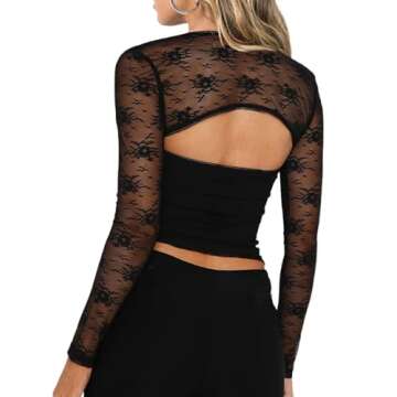 CSDAJIO Women's Going Out Tops Lace Long Sleeve Square Neck Crop Top Shirt Strapless Tube Top and Bolero Set Lace Black Medium