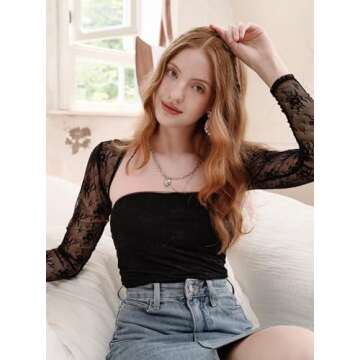 CSDAJIO Women's Going Out Tops Lace Long Sleeve Square Neck Crop Top Shirt Strapless Tube Top and Bolero Set Lace Black Medium