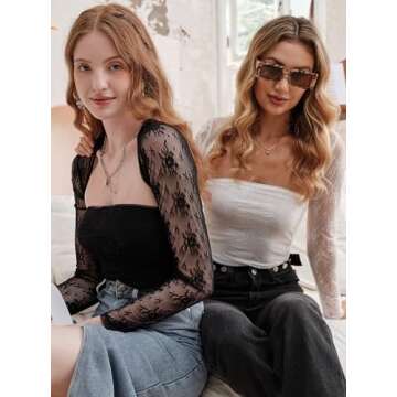 CSDAJIO Women's Going Out Tops Lace Long Sleeve Square Neck Crop Top Shirt Strapless Tube Top and Bolero Set Lace Black Medium