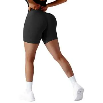 SUUKSESS Women Ribbed Biker Shorts Seamless High Waisted Workout Short Leggings (Black, L)