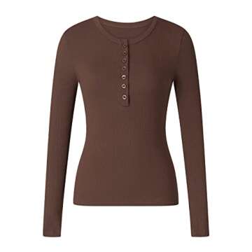 Grunge Clothes for Women Y2K Tops Long Sleeve Fairy Grunge Aesthetic Shirts Teen Girls Vintage Graphic Tees Fall (Solid Button Neck Brown, S)