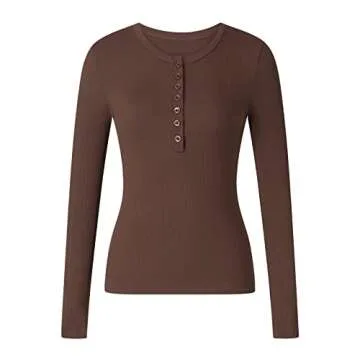 Grunge Clothes for Women Y2K Tops Long Sleeve Fairy Grunge Aesthetic Shirts Teen Girls Vintage Graphic Tees Fall (Solid Button Neck Brown, S)