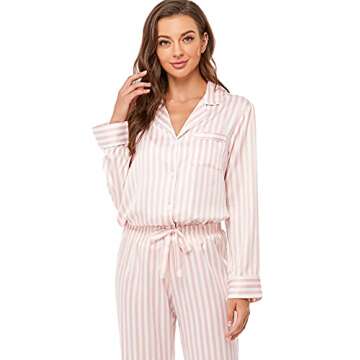Serenedelicacy Women's Satin Pajama Set Long Sleeve Button Down Sleepwear 2-Piece Striped Silky Pj Set (X-Large, Blush/Ivory, Stripe)