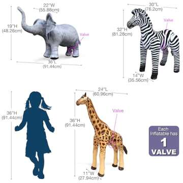 Jet Creations Life on Earth Wildlife Safari Inflatable, 3-PK, Giraffe, Zebra, Elephant, Realistic An...