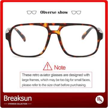 Breaksun Oversized Square Aviator Glasses for Women Men Big Frame Retro Blue Light Blocking Glasses Vintage Style (Tortoise/Clear)