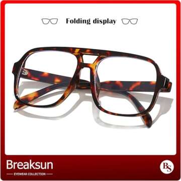Breaksun Oversized Square Aviator Glasses for Women Men Big Frame Retro Blue Light Blocking Glasses Vintage Style (Tortoise/Clear)
