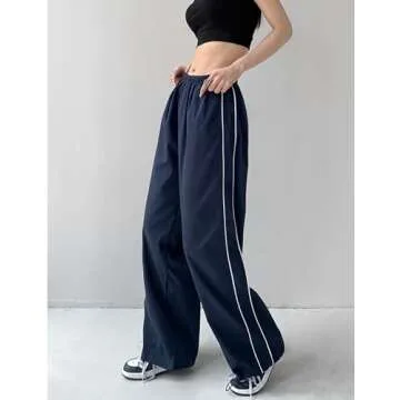 Shebote Womens Parachute Pants Wide Leg Baggy Pants Y2K Elastic Waist Jogger Sweatpants Track Pants Streetwear(0046-DarkBlue-L)