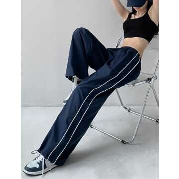 Shebote Womens Parachute Pants Wide Leg Baggy Pants Y2K Elastic Waist Jogger Sweatpants Track Pants Streetwear(0046-DarkBlue-L)