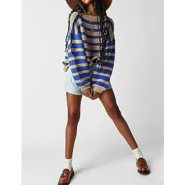 Meladyan Women's 2024 Fall Winter Oversized Striped Sweater Long Sleeve Crew Neck Knit Pullover Sweater Jumper Tops