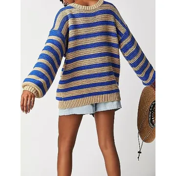Meladyan Women's 2024 Fall Winter Oversized Striped Sweater Long Sleeve Crew Neck Knit Pullover Sweater Jumper Tops