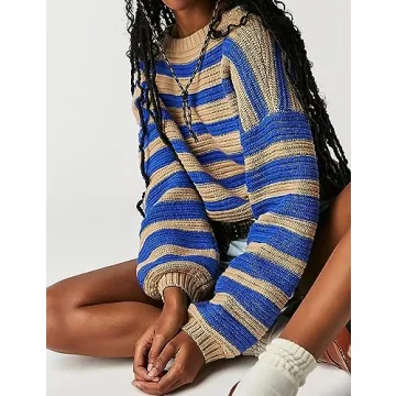 Meladyan Women's 2024 Fall Winter Oversized Striped Sweater Long Sleeve Crew Neck Knit Pullover Sweater Jumper Tops