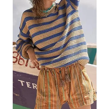 Meladyan Women's 2024 Fall Winter Oversized Striped Sweater Long Sleeve Crew Neck Knit Pullover Sweater Jumper Tops