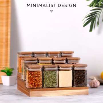 Laramaid 7oz 12Pack Square Spice Jars with Natural Acacia Lids and 144 Minimalist White Spice Labels...