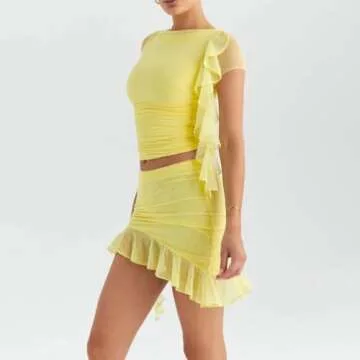 Volemo Women Sexy Mini Skirt Sets 2 Piece Outfits Sheer Mesh Crew Neck Short Sleeve Ruffle Hem Bodycon Skirt Set Yellow S