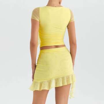 Volemo Women Sexy Mini Skirt Sets 2 Piece Outfits Sheer Mesh Crew Neck Short Sleeve Ruffle Hem Bodycon Skirt Set Yellow S