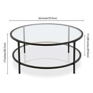 Henn&Hart 36" Wide Round Coffee Table with Glass Top in Blackened Bronze, Modern coffee tables for l...